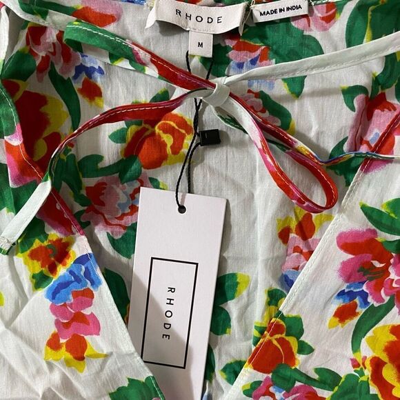 Rhode Anya Floral Puff Sleeve Smocked Ruffle Hem Mini Dress NWT Size Medium - Picture 4 of 6